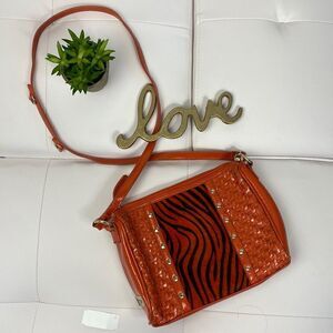 Vintage Sharif 1827 Orange Patent Leather Woven Braided Cowhide Zebra Print Shou